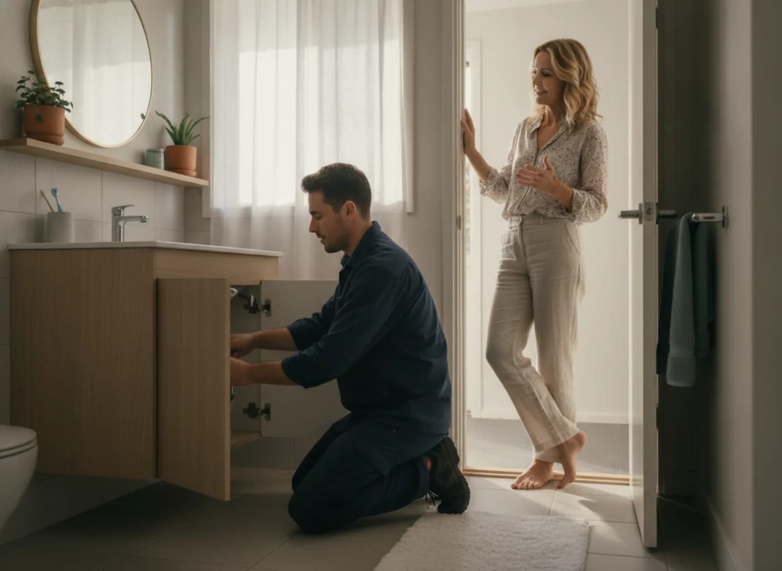 A tradie back at a customer's bathroom fixing a tap under warranty
