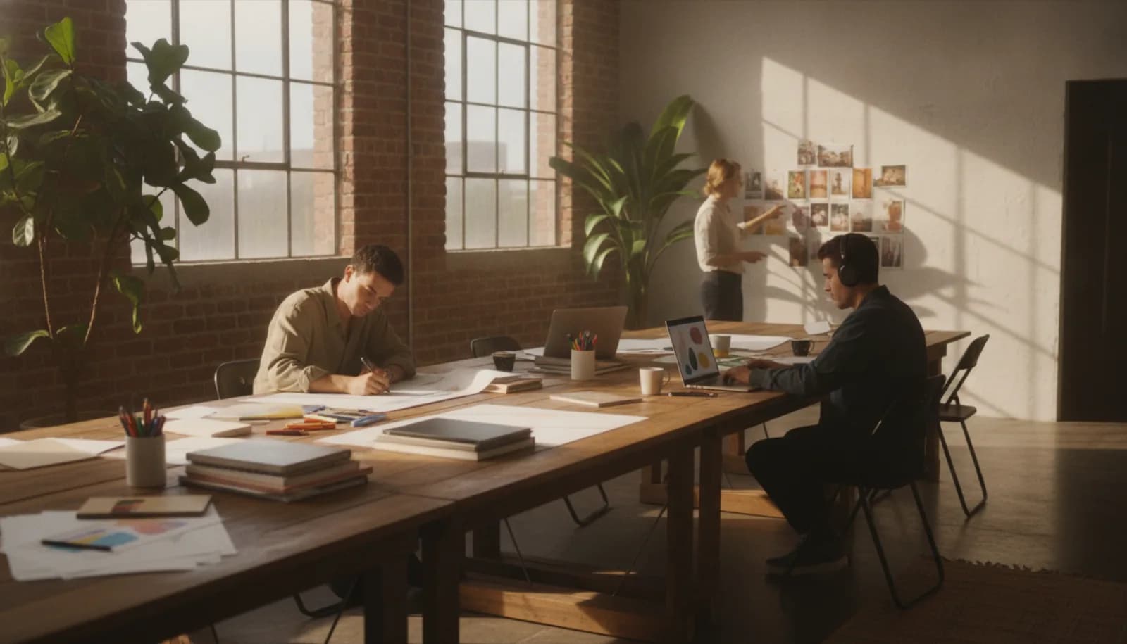 A small creative team at work in a bright warehouse studio
