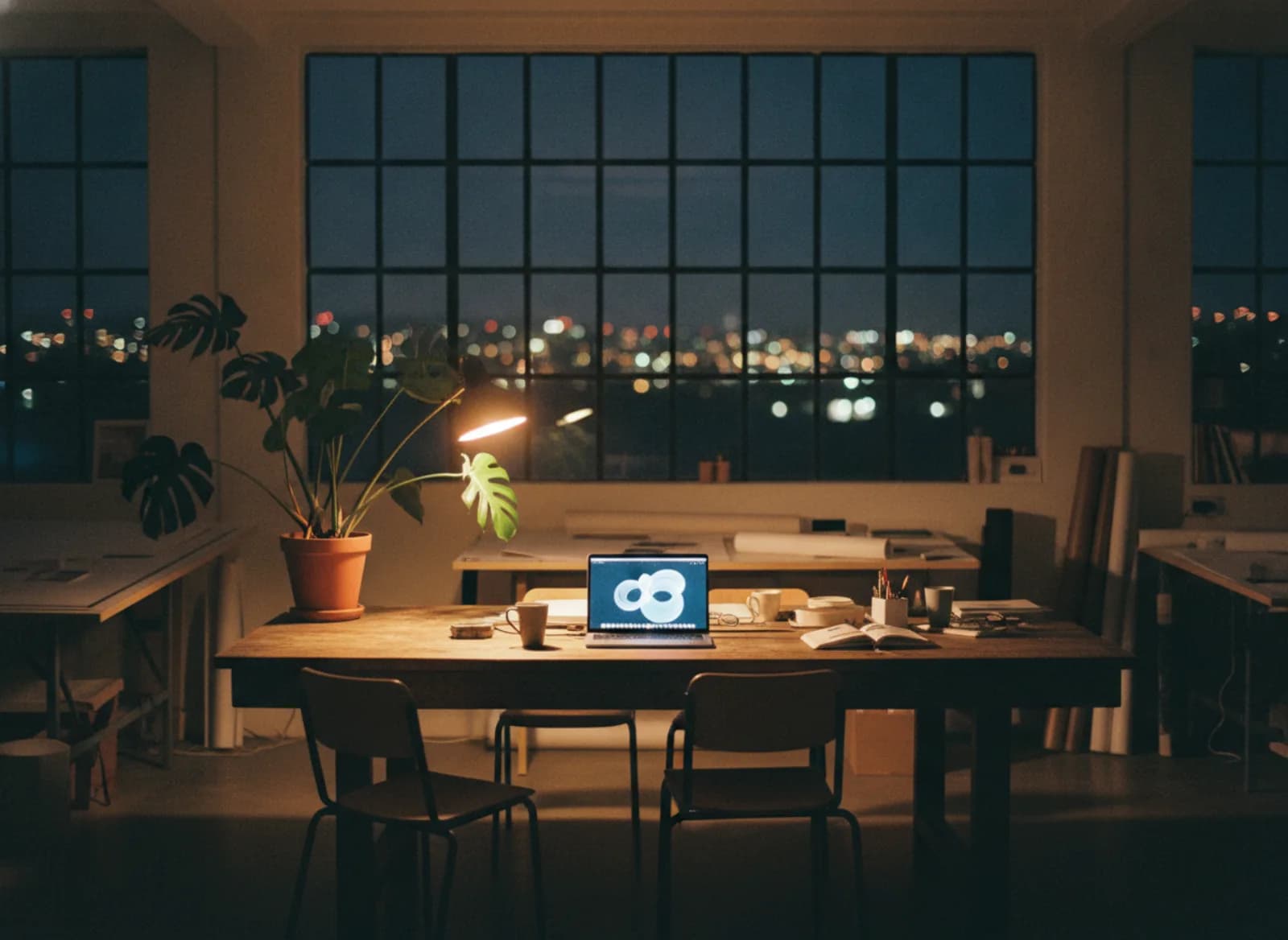 An empty studio at night with a laptop glowing on a desk