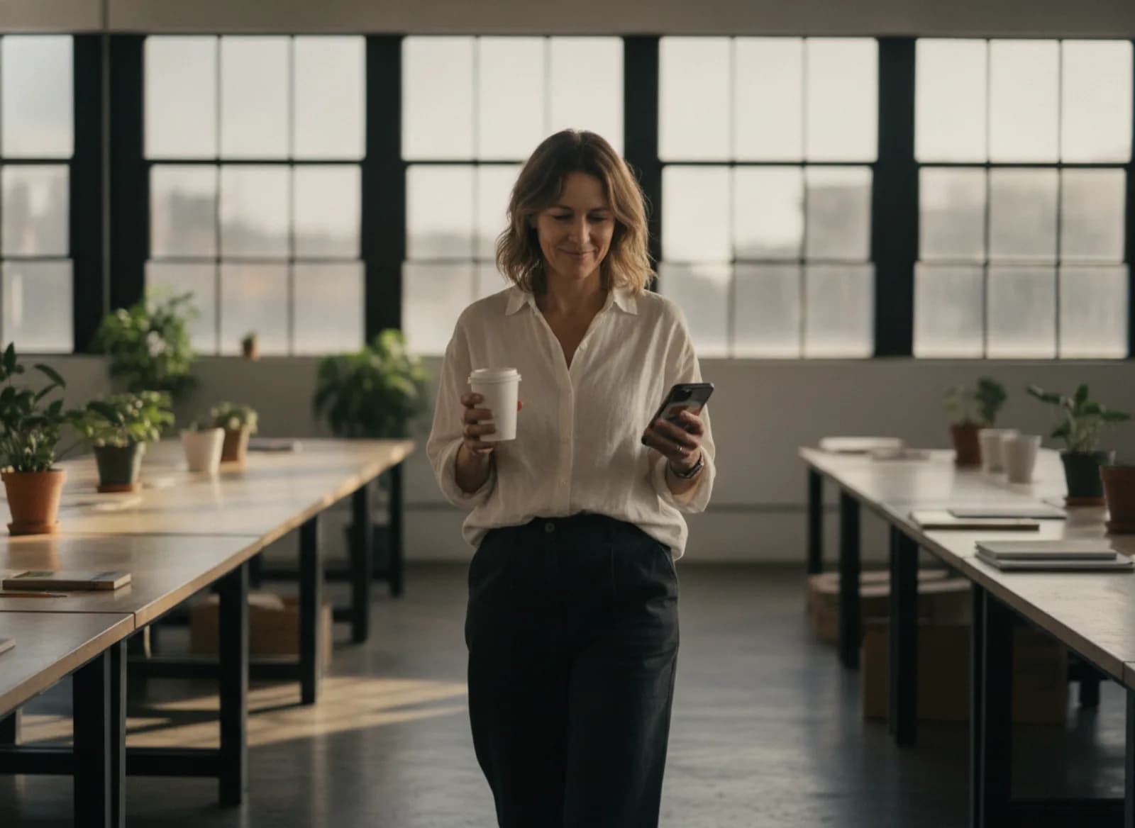 The agency founder arriving at the studio with a coffee, reading her phone