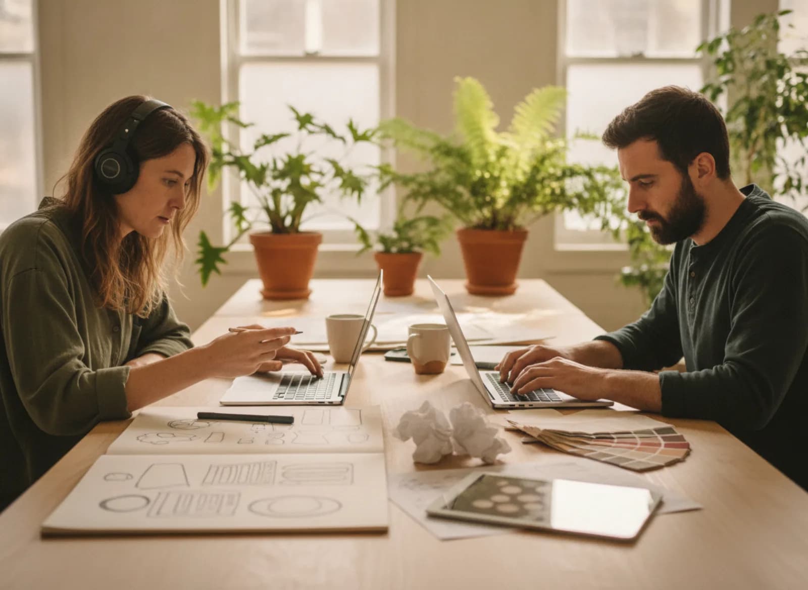 A designer and a developer focused on their work at a shared desk