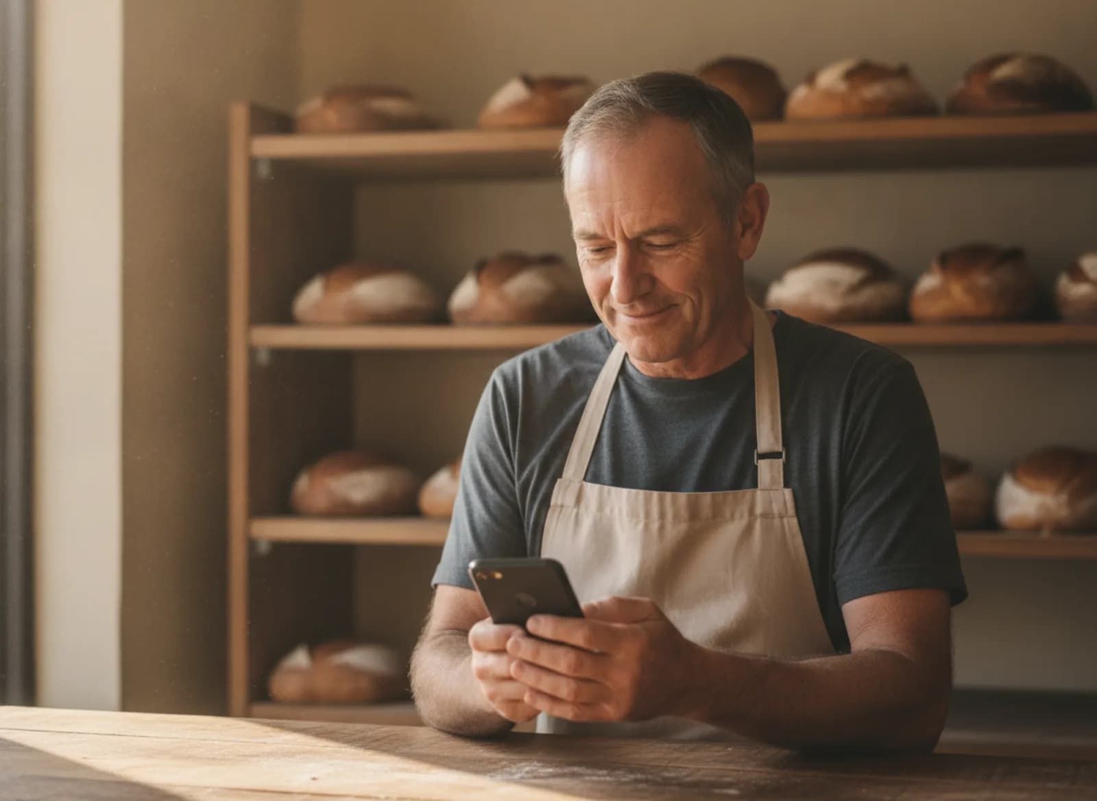 A client reading a project update on his phone at his bakery counter