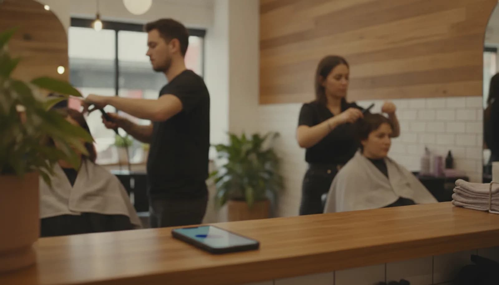 A phone glowing on a salon counter while stylists work on clients behind it
