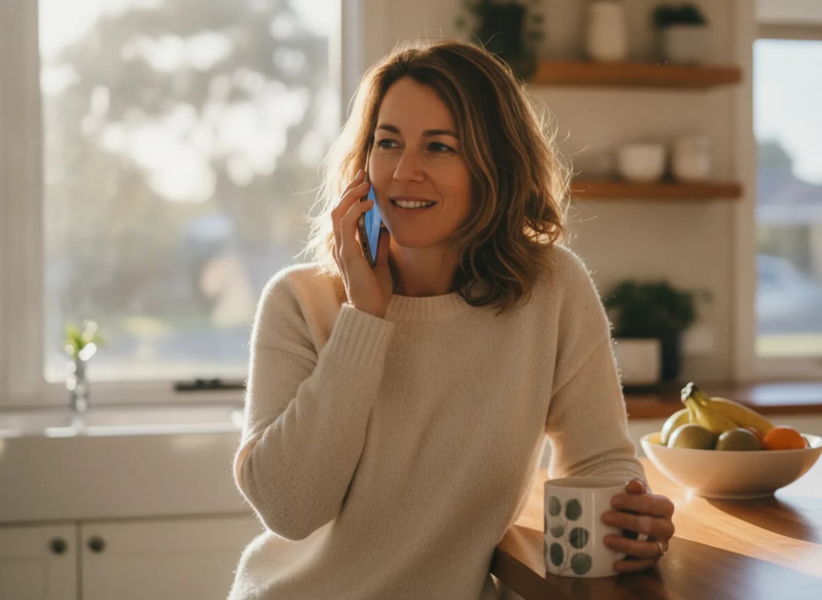A woman in her kitchen on the phone early in the morning