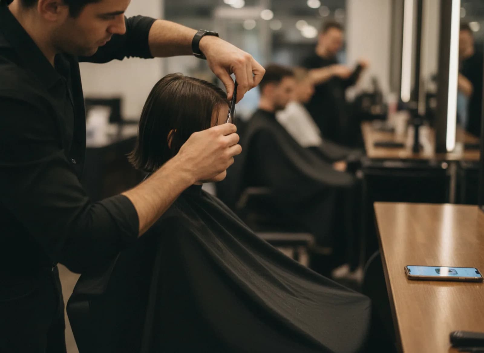 A stylist mid cut while a phone lights up on the counter