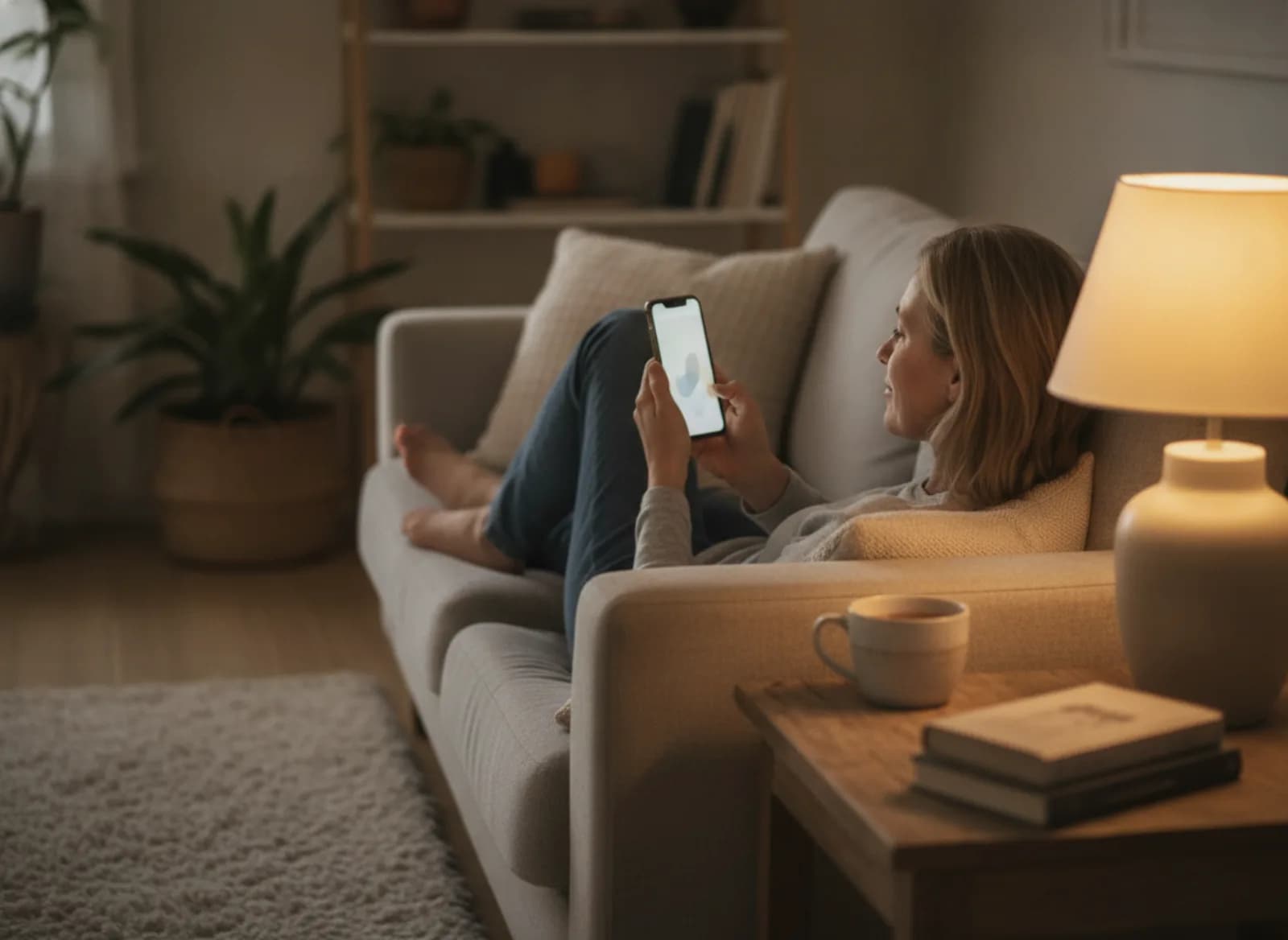 The salon owner relaxing at home in the evening, reading her phone