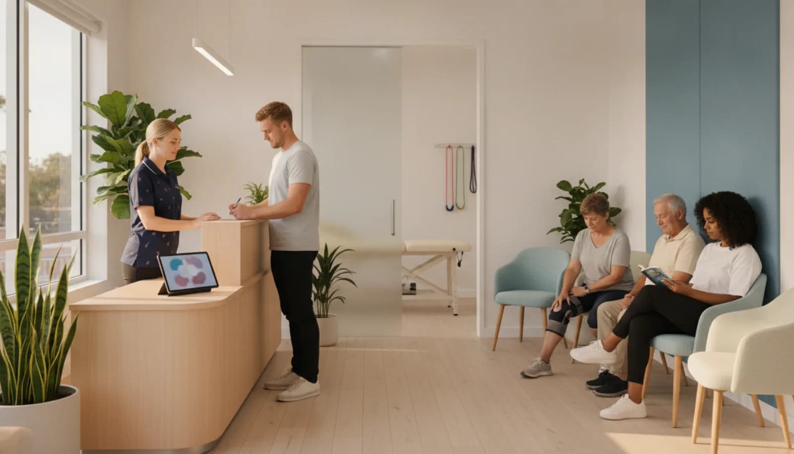 A busy allied health clinic on a Monday morning, patients waiting and a receptionist at the desk
