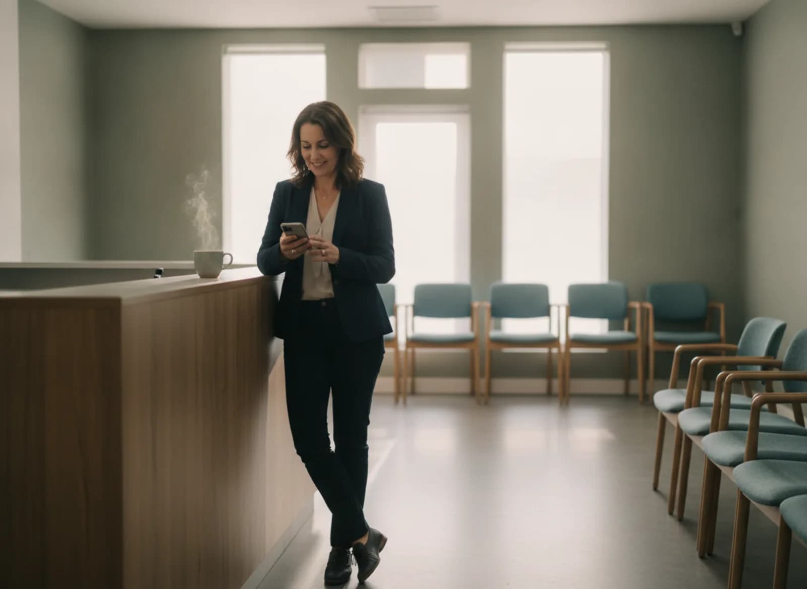 The practice manager reading her phone in the quiet clinic before opening