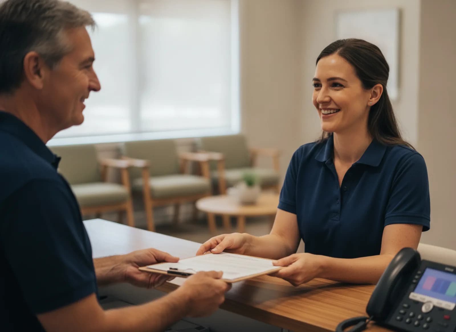 A receptionist helping a patient at the desk while a phone lights up beside her