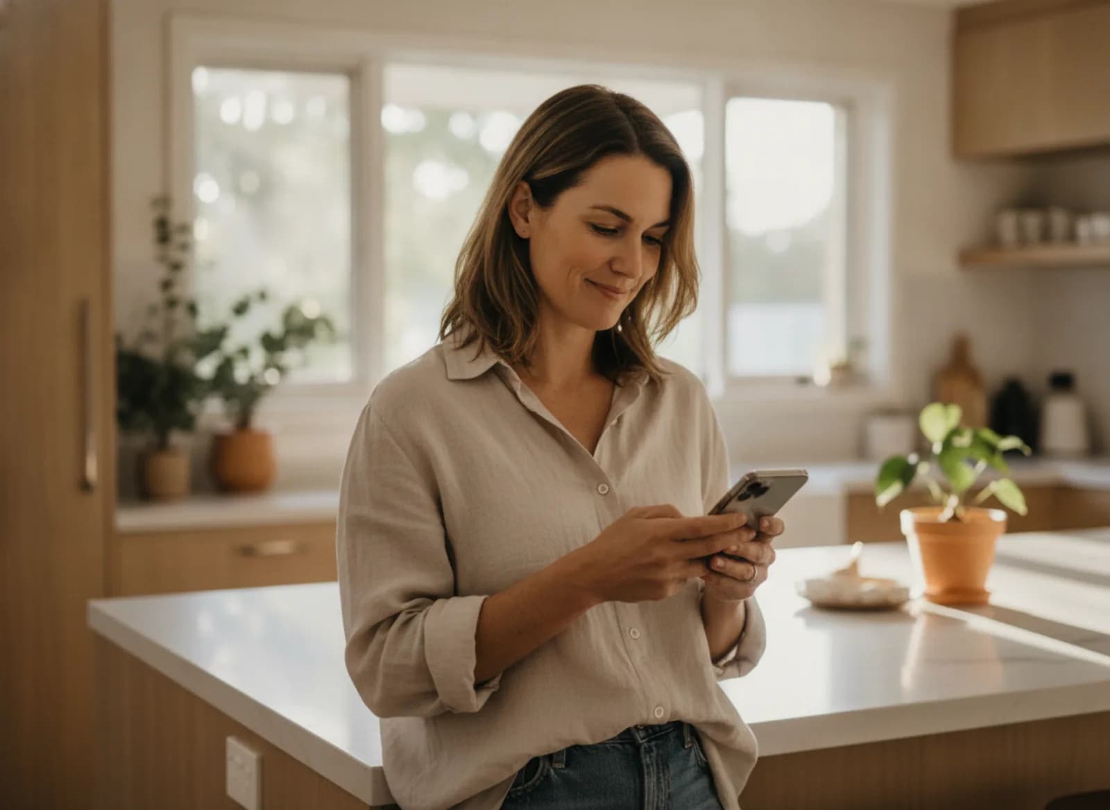 A patient at home reading a text about an earlier appointment