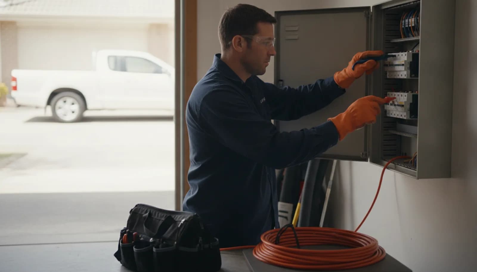 An electrician in safety glasses testing a residential switchboard