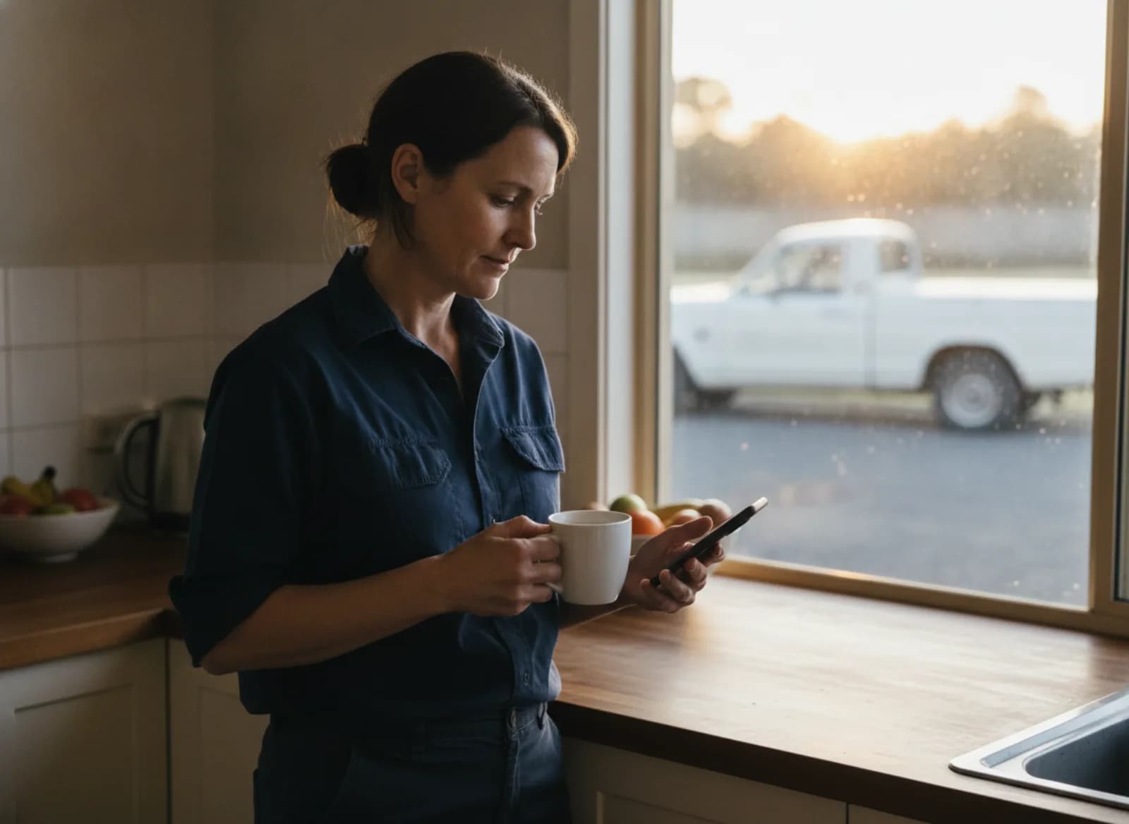 The business owner reading her phone at dawn with a coffee