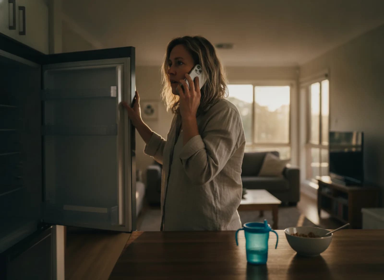 A woman on the phone in her darkened kitchen during a power outage