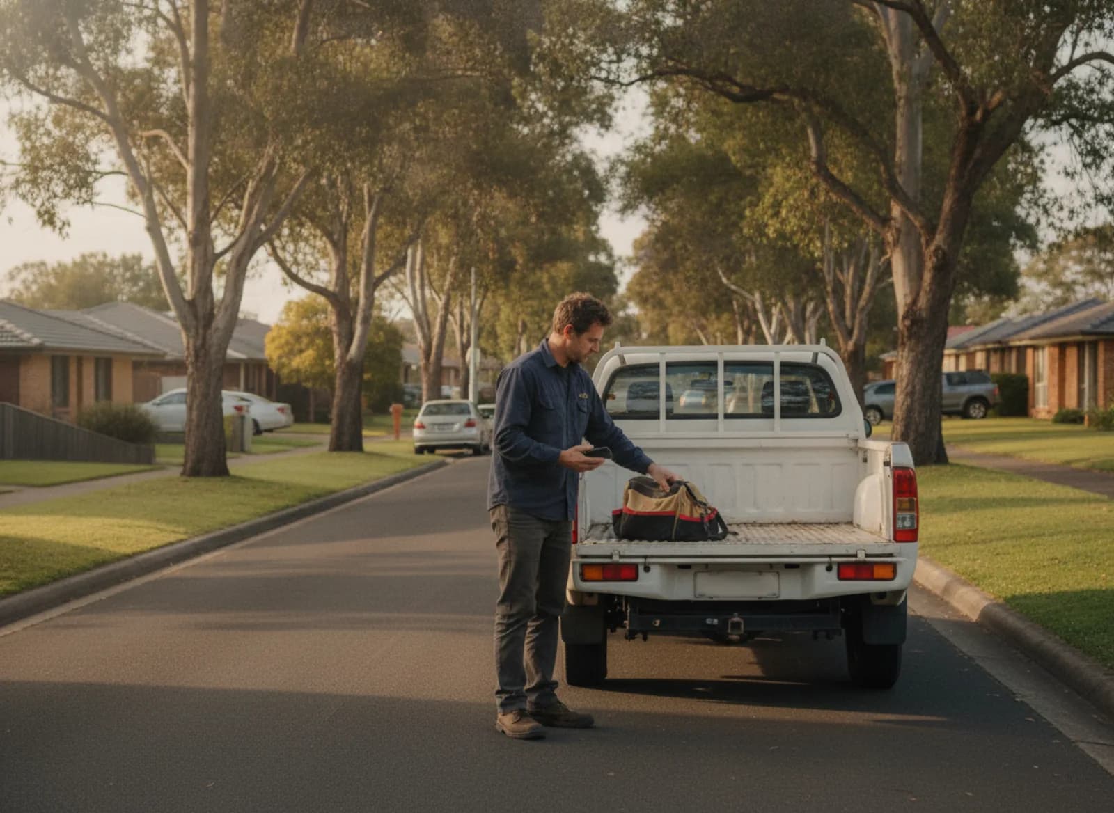 An electrician putting his tool bag in the ute on a suburban street