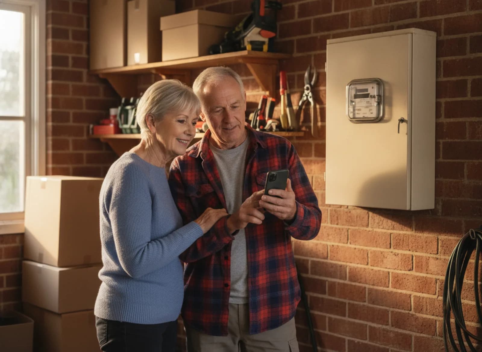 A couple in their garage looking at their old switchboard and a quote on a phone