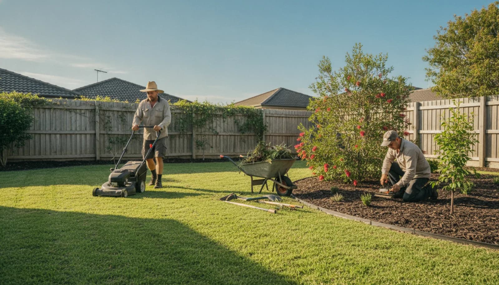 Landscapers mowing and planting in a sunny suburban backyard in spring