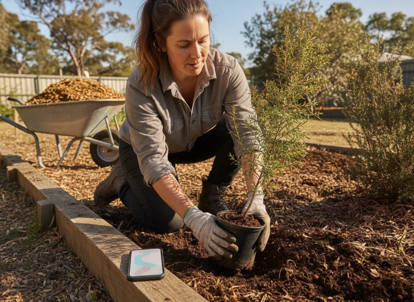 A landscaper planting a shrub while a phone lights up beside her