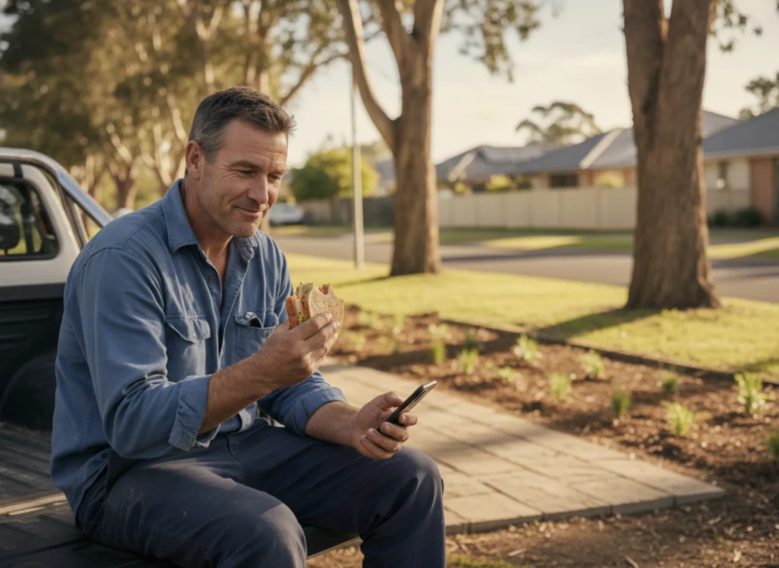 A landscaper on a lunch break reading his phone on the tailgate