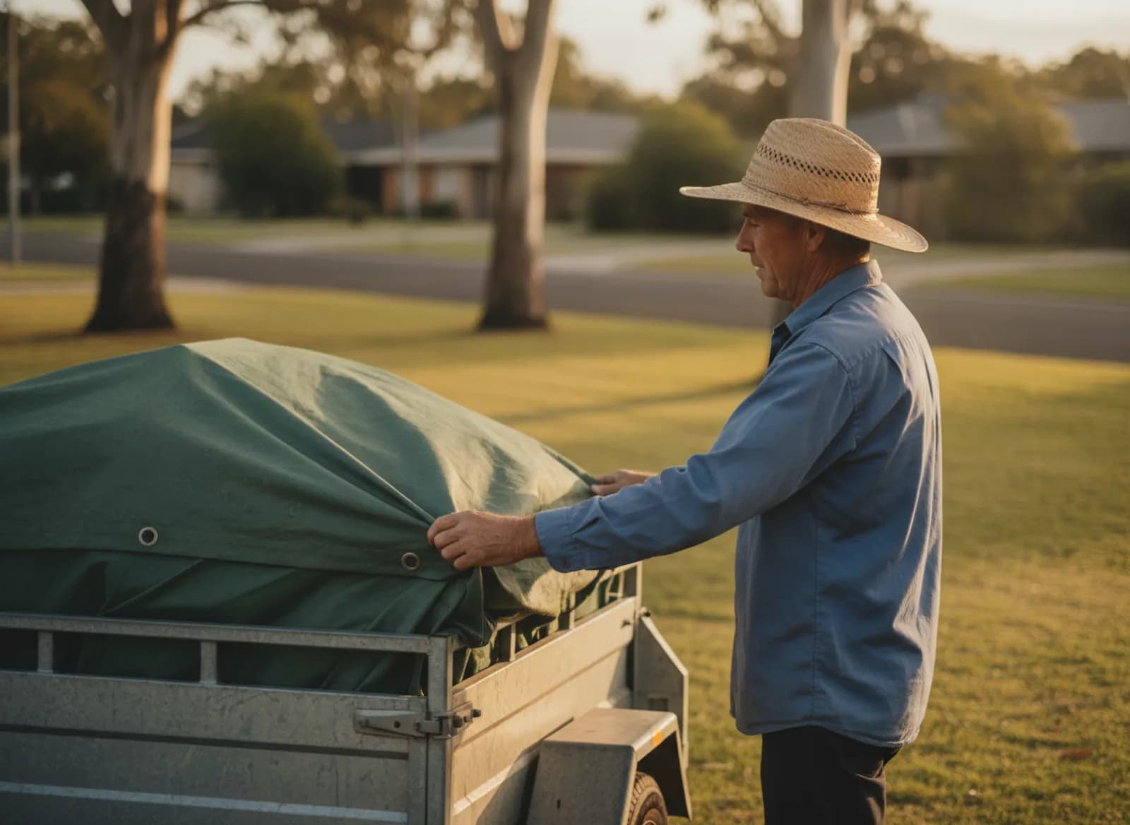 A gardener loading his mower onto a trailer in the late afternoon