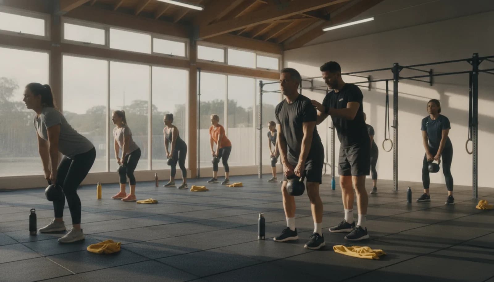 A busy group fitness class in a bright studio early in the morning