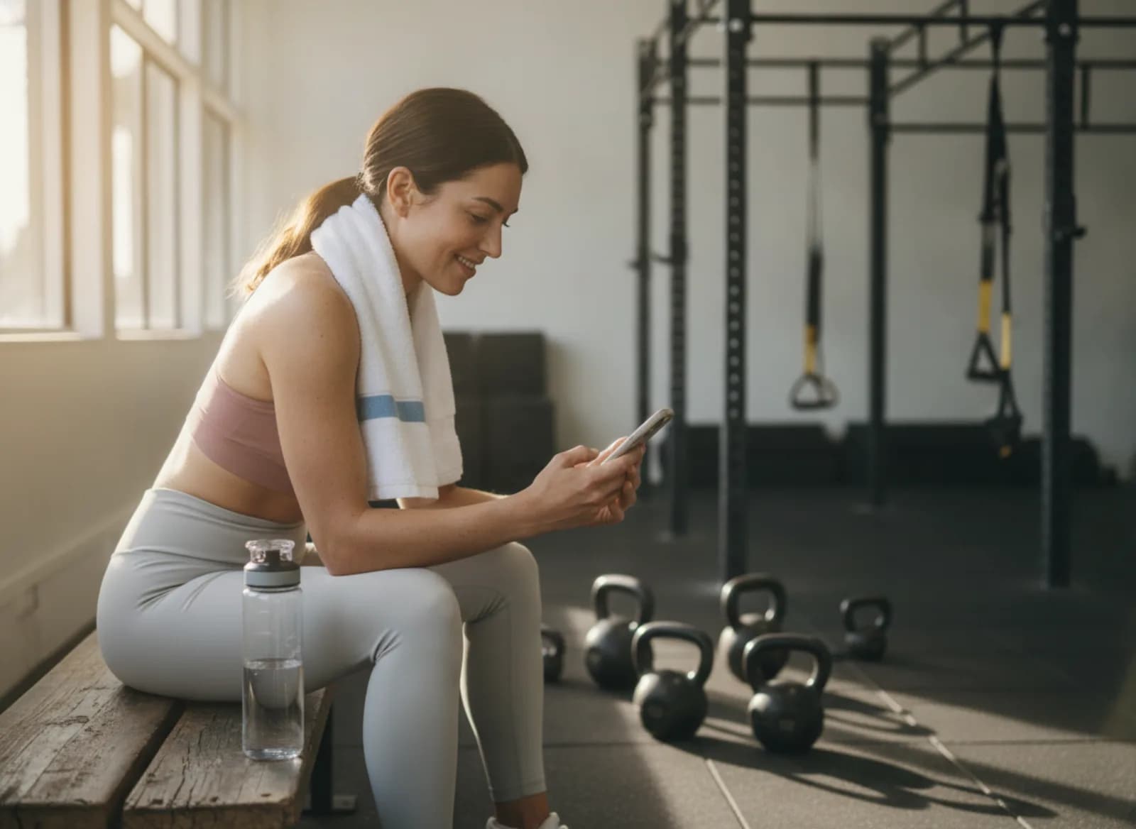 A trial member stretching after a session, smiling at her phone