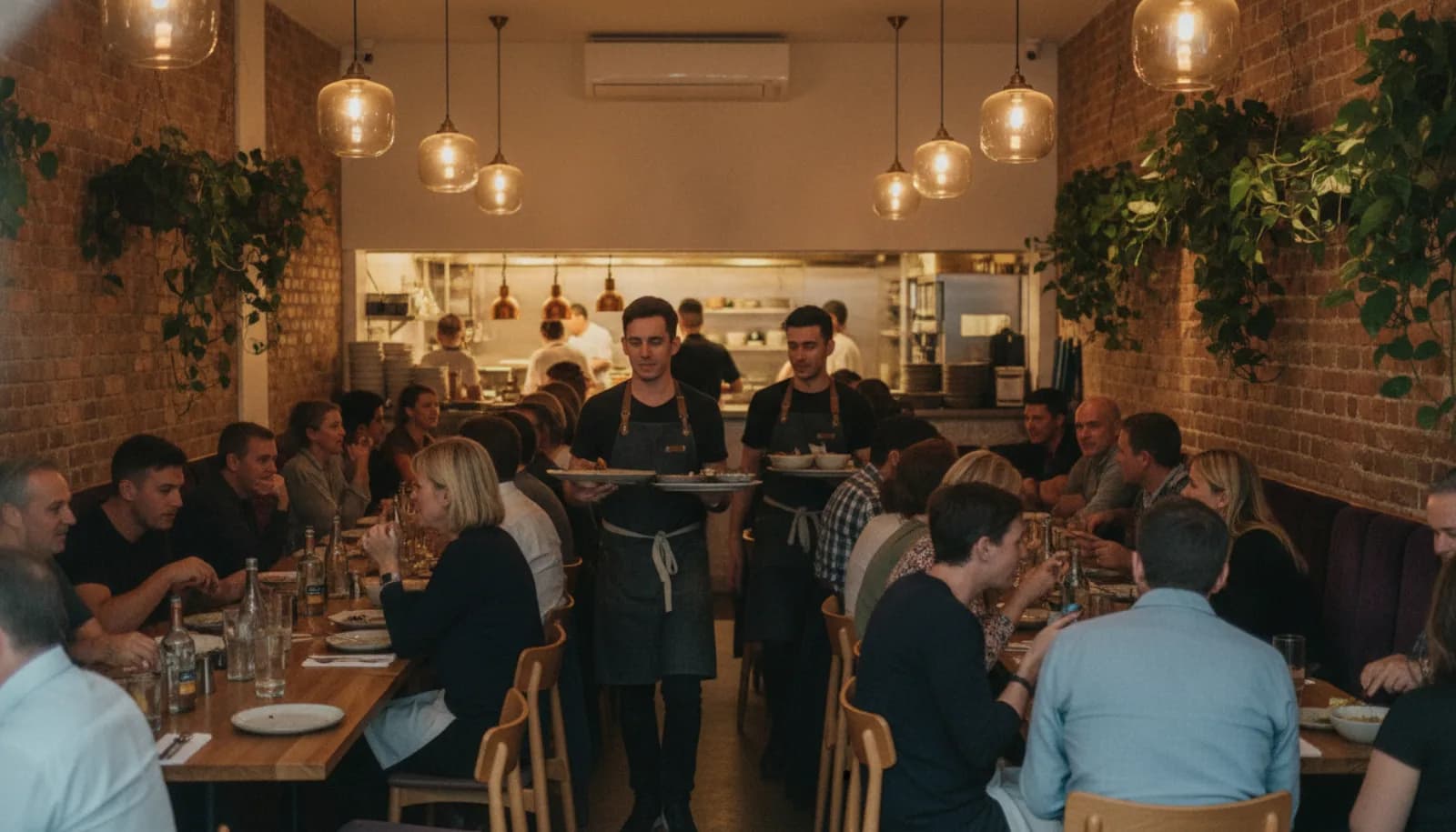 A busy neighbourhood restaurant on a Friday night, every table full