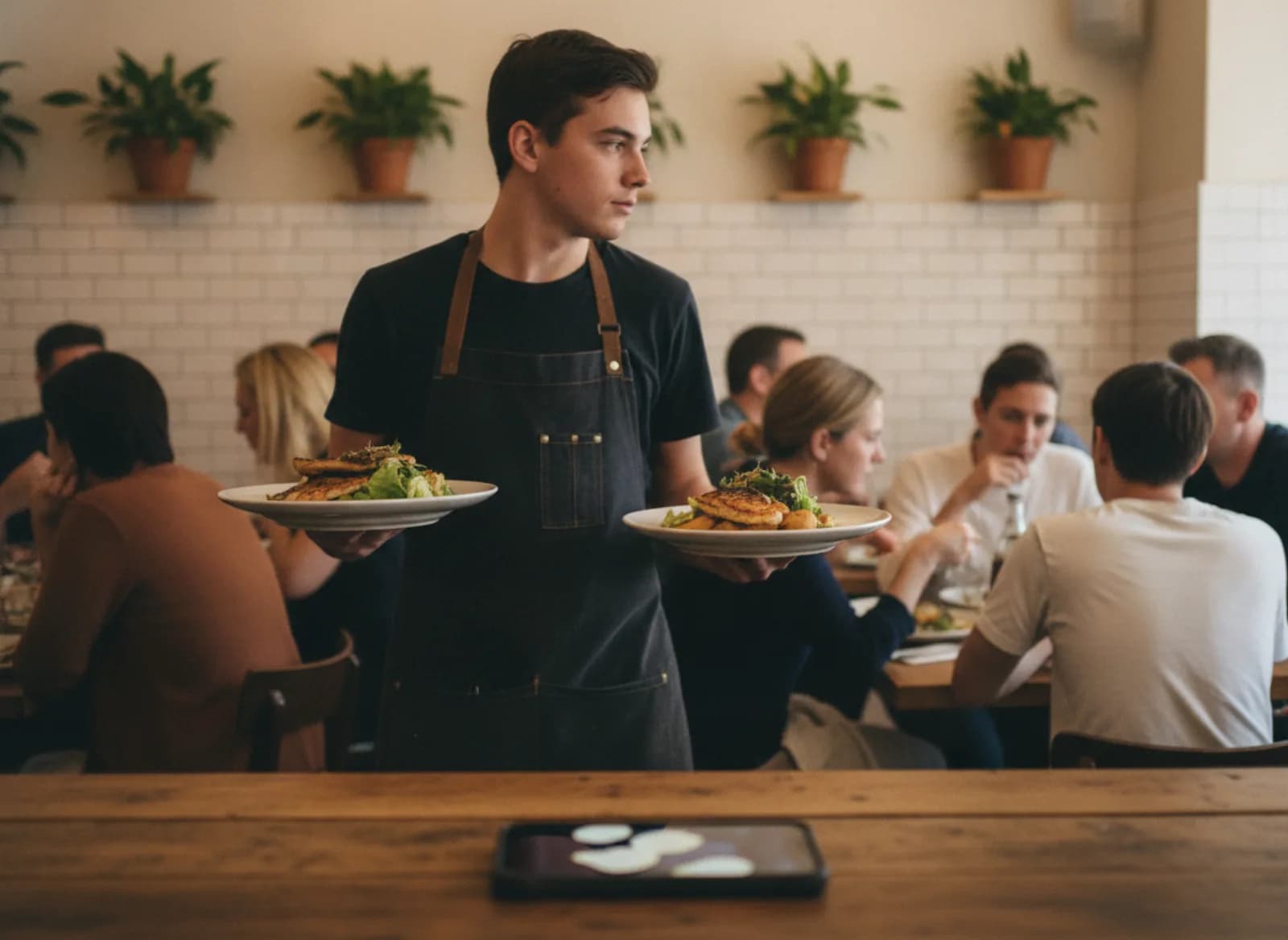 A server carrying plates through a busy café while a phone lights up on the counter
