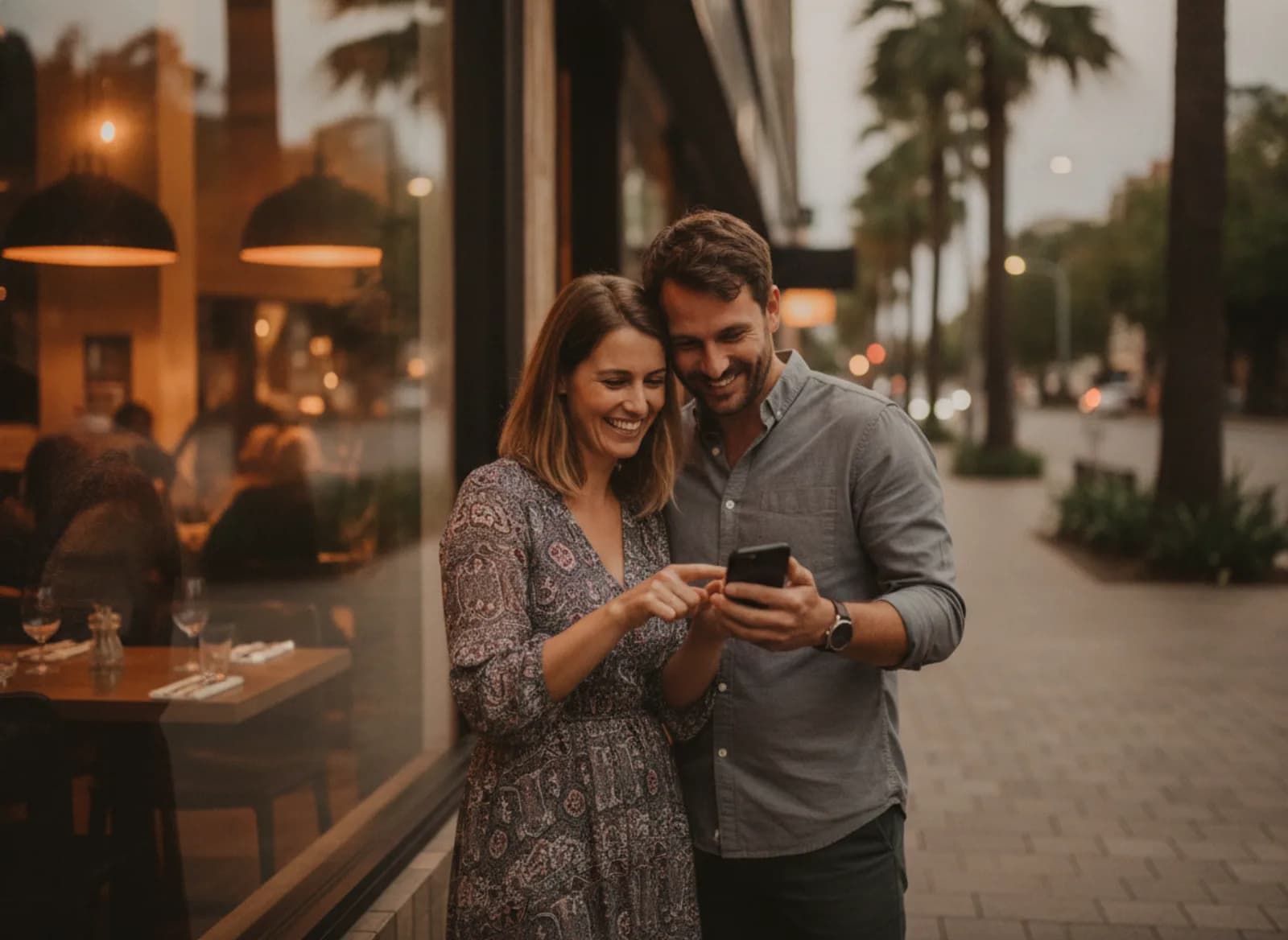 A couple outside the restaurant reading a text that their table is ready
