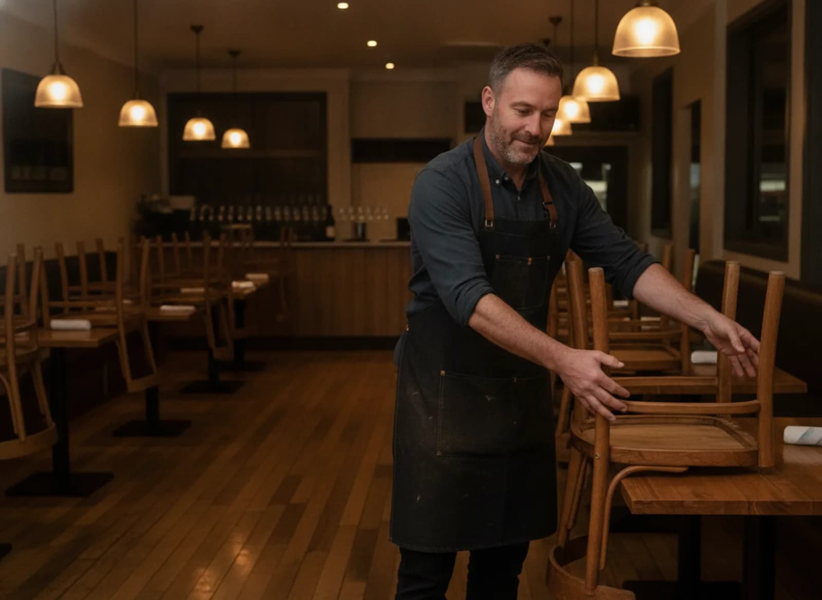 The manager stacking chairs in the empty restaurant after close