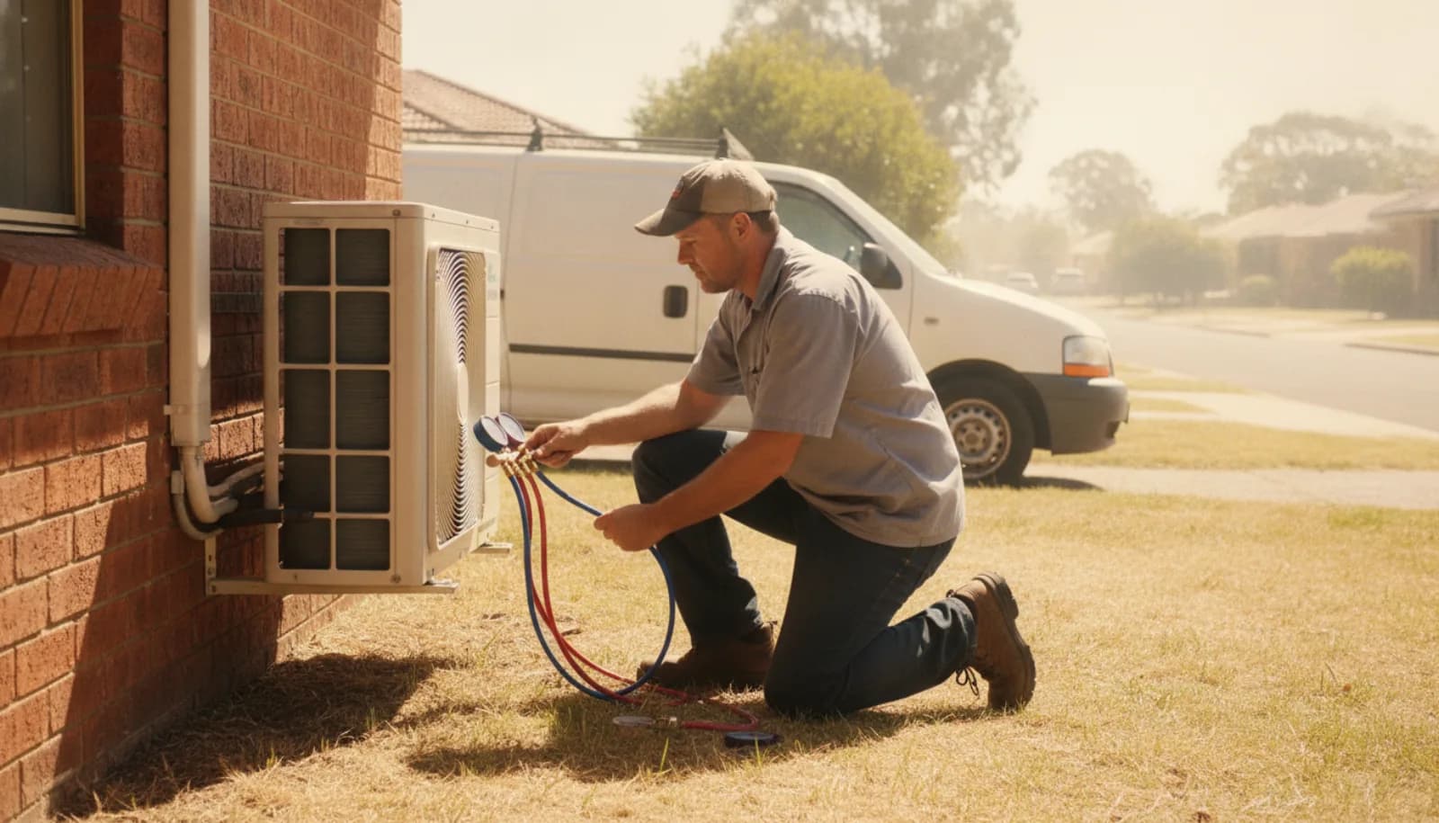 An air conditioning technician checking an outdoor unit on a hot summer day