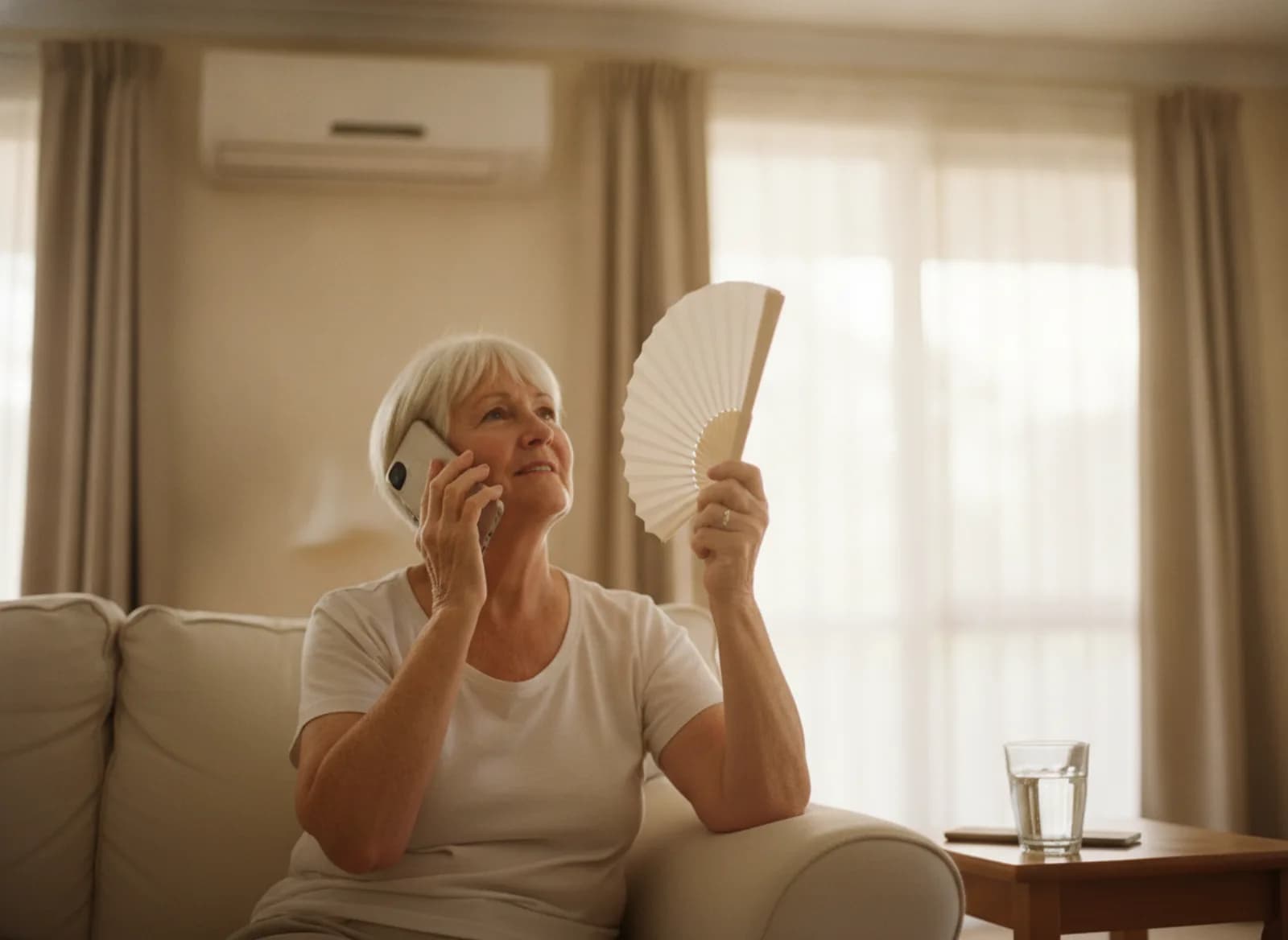 An older woman at home on the phone on a hot morning, the aircon off above her