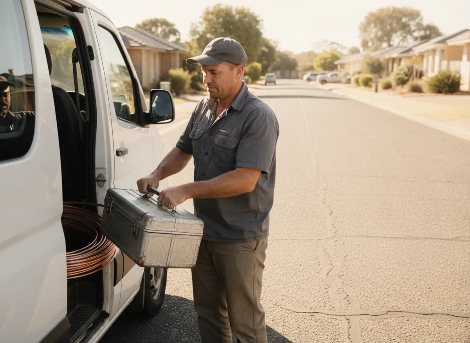 A technician loading gear into his van outside a suburban house in the heat