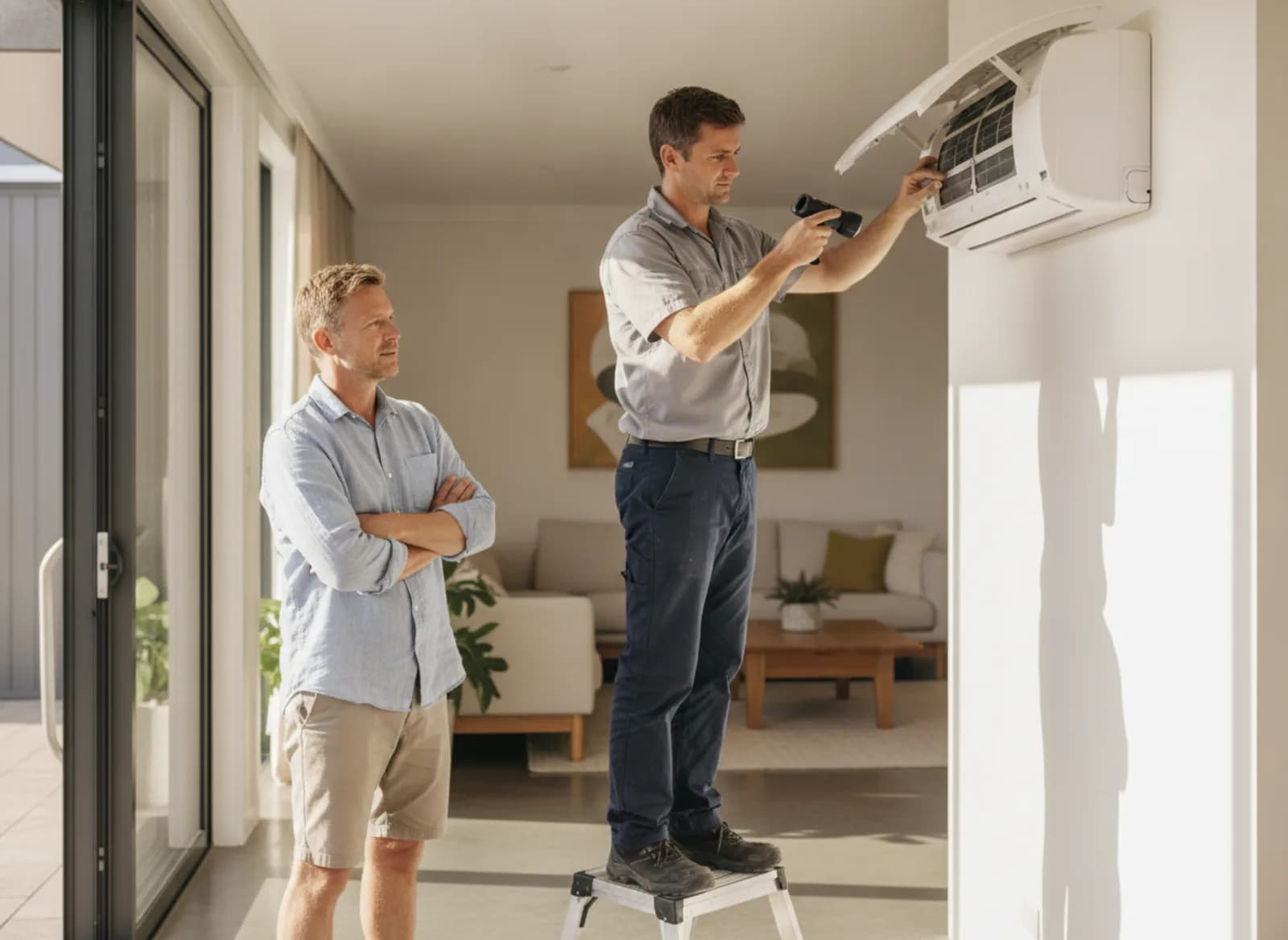A technician inspecting a wall split system while the homeowner looks on