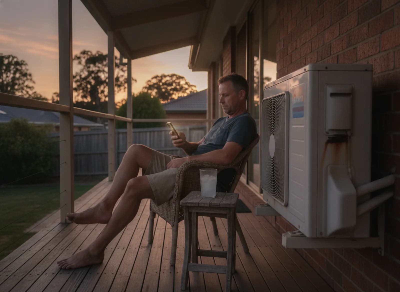 A man on his back verandah at dusk reading a quote beside an old outdoor unit