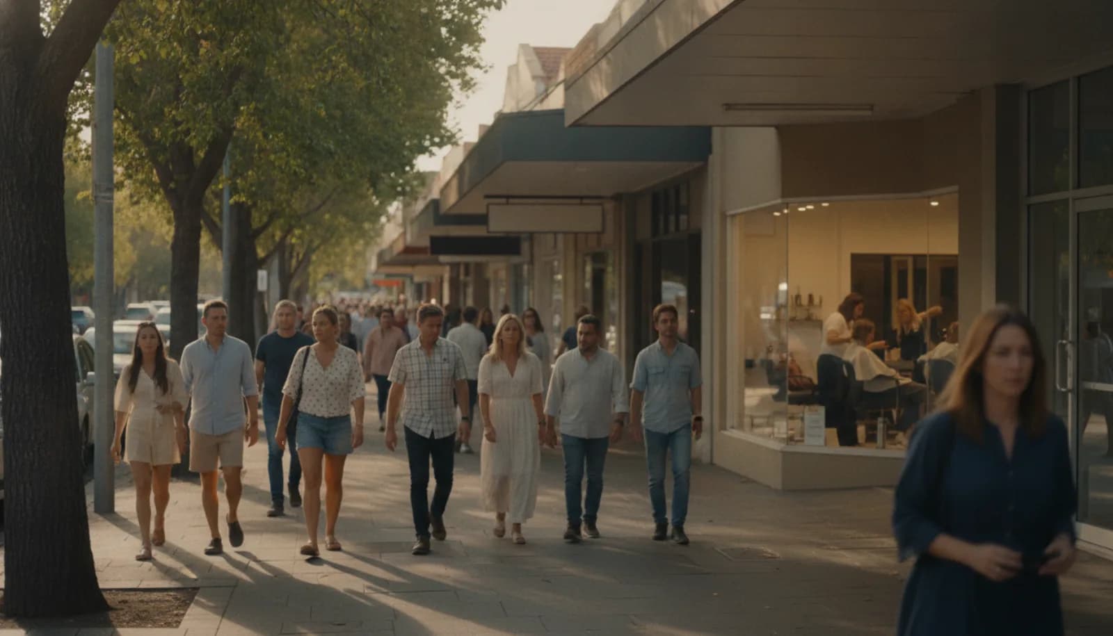 A suburban high street on a Saturday morning, a busy salon among the shops
