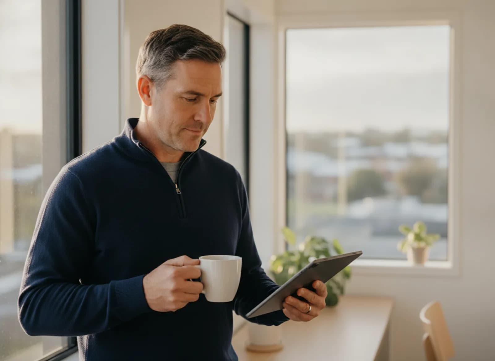 An operations manager by a window with a coffee and a tablet