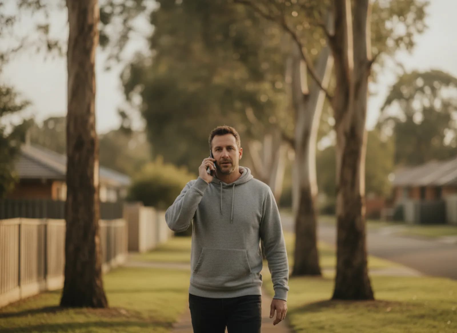 A man walking along a suburban footpath while on a phone call