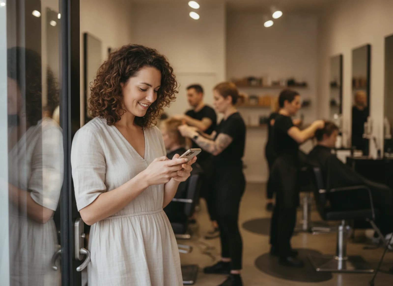 A client by the door of a full salon, smiling at her phone