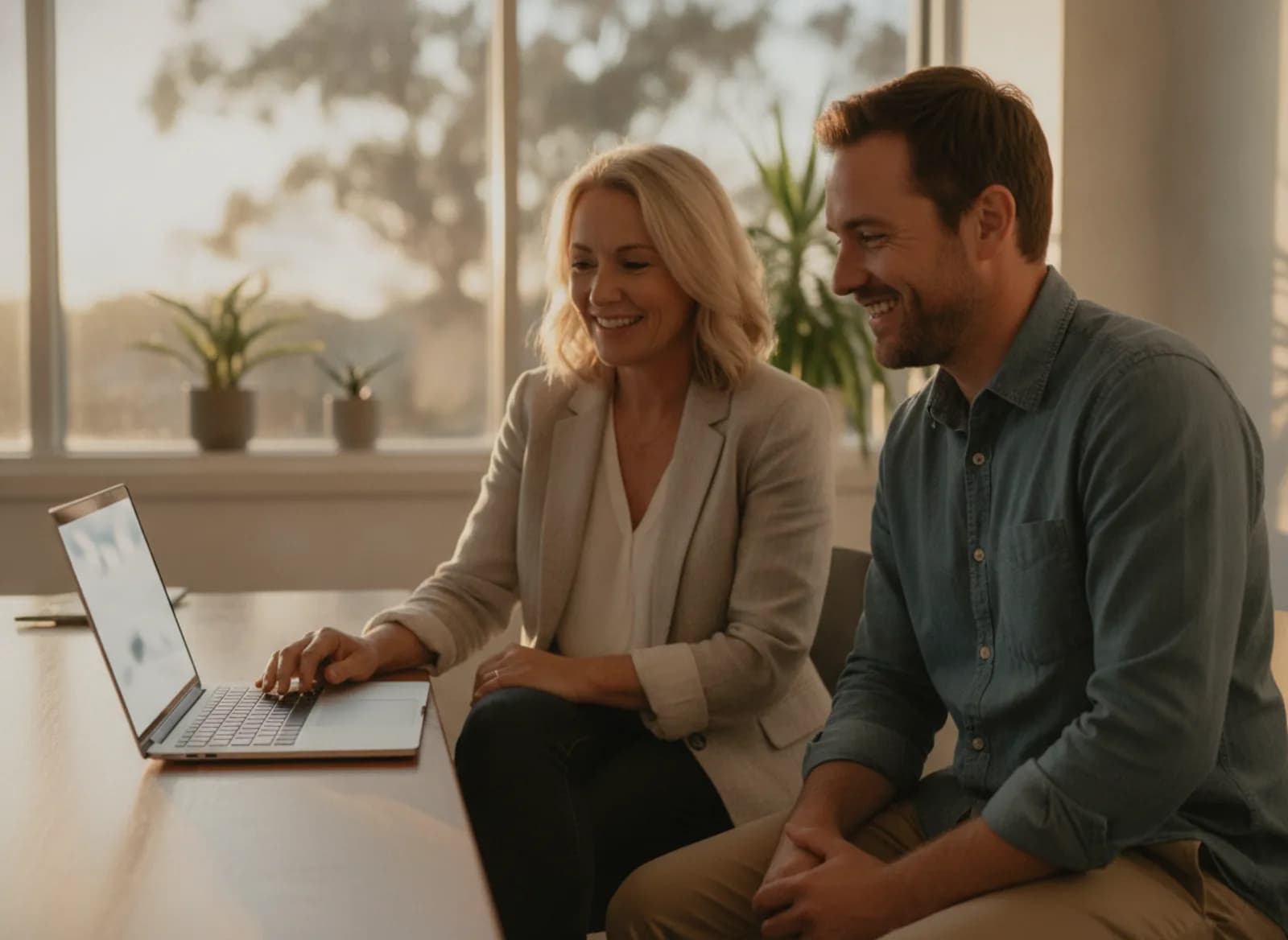 Two managers at a laptop in a small head office, relaxed and pleased