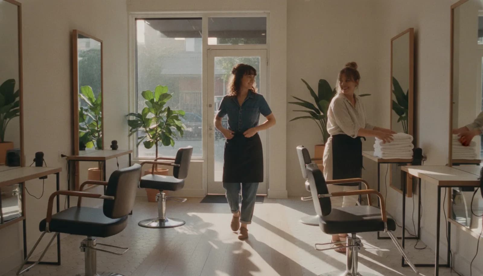 A stylist tying on her apron as she arrives for an early shift at a salon