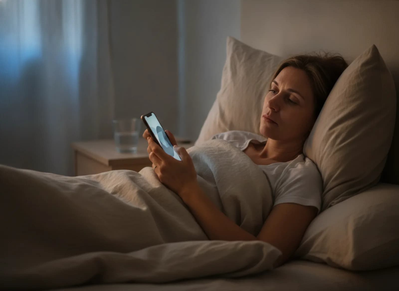 A stylist at home in the early morning sending a message from bed