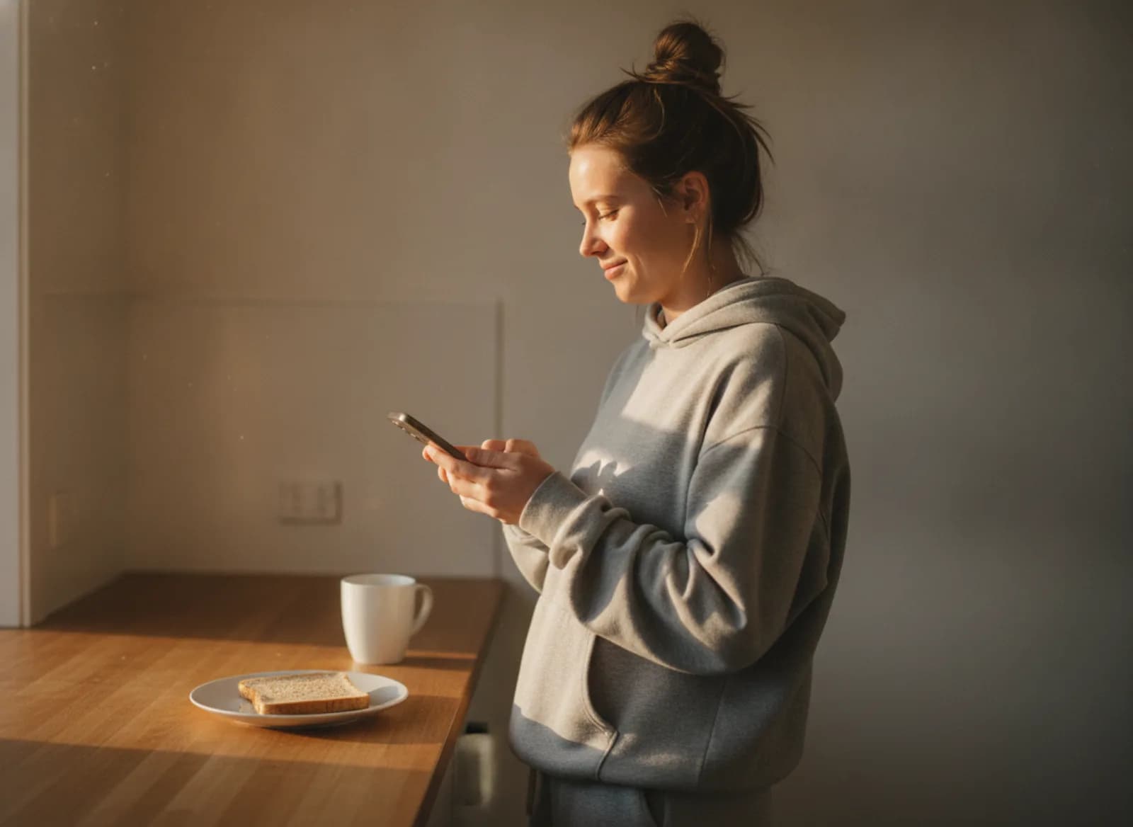 A young casual stylist in her kitchen replying to a message with a smile