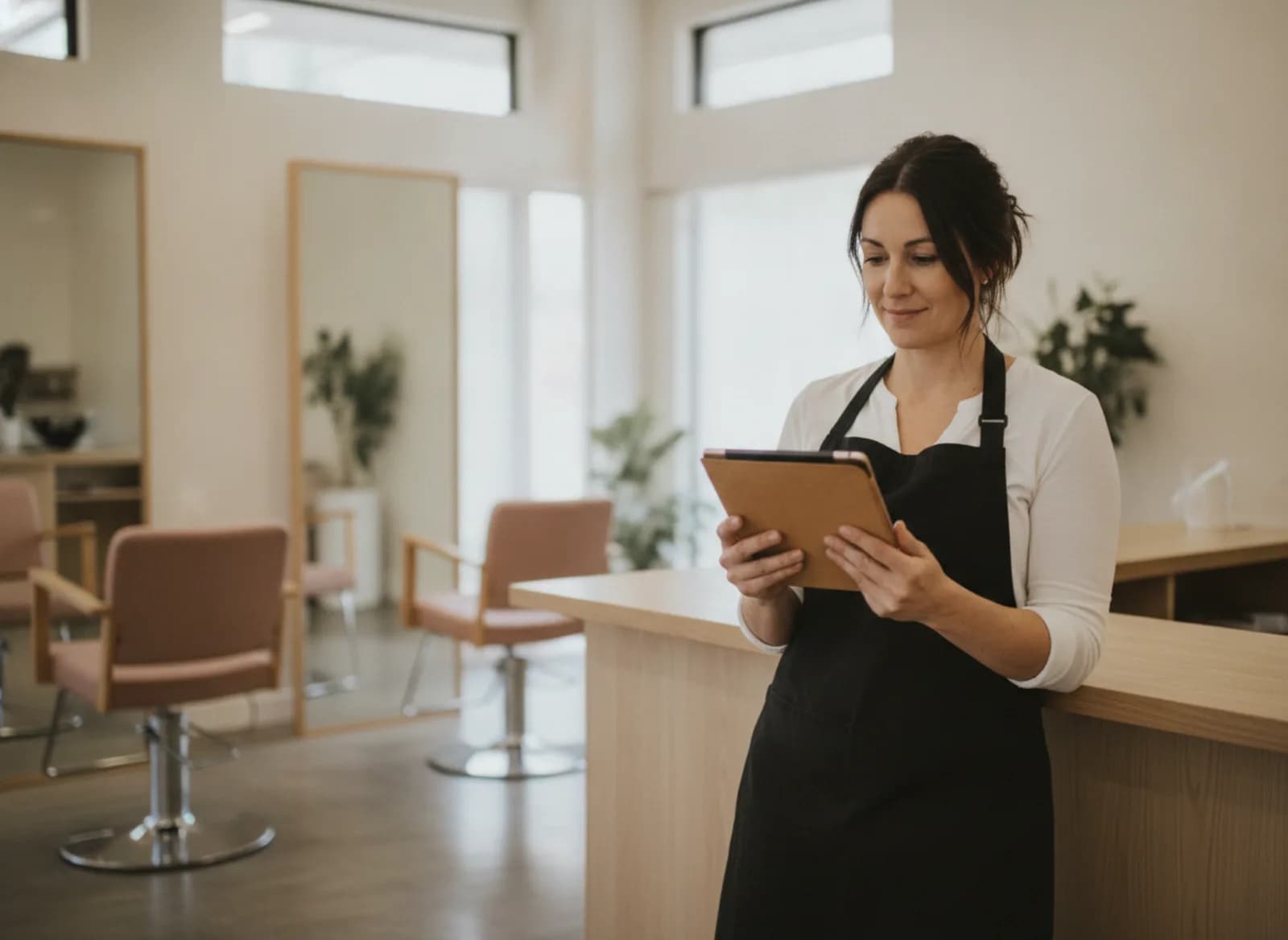 The salon owner checking the day on a tablet at the counter before opening