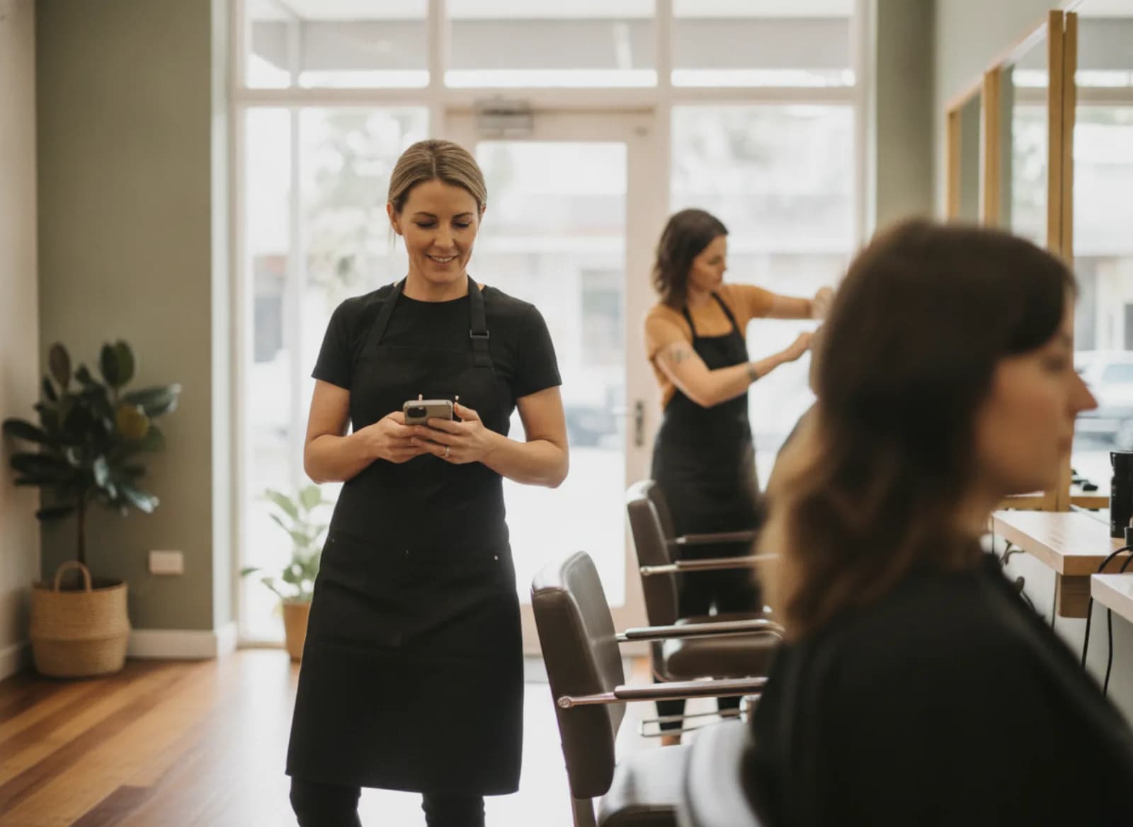 The salon owner pausing between clients to read her phone