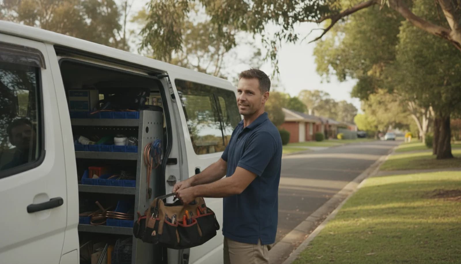 A technician reaching for his tool bag in the side door of his van