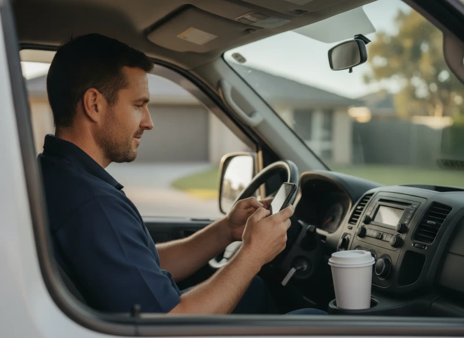 A technician reading his phone in the van before the first job