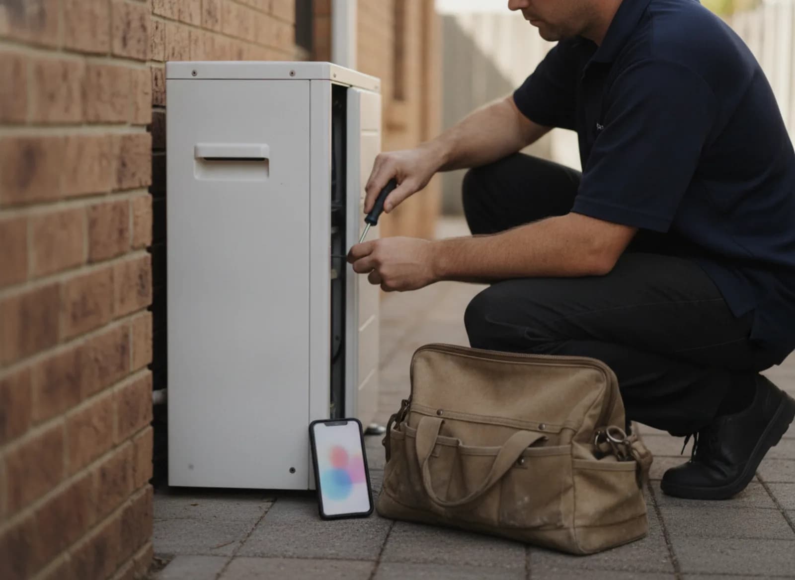 A technician working on an air conditioner while a phone lights up beside him