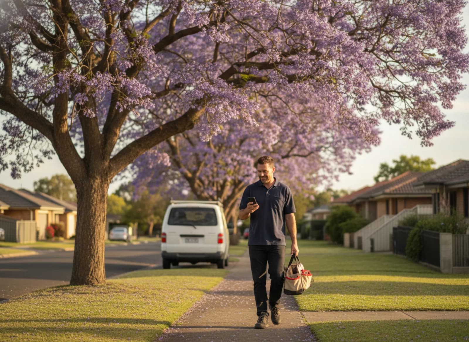 A technician walking back to his van, smiling at his phone