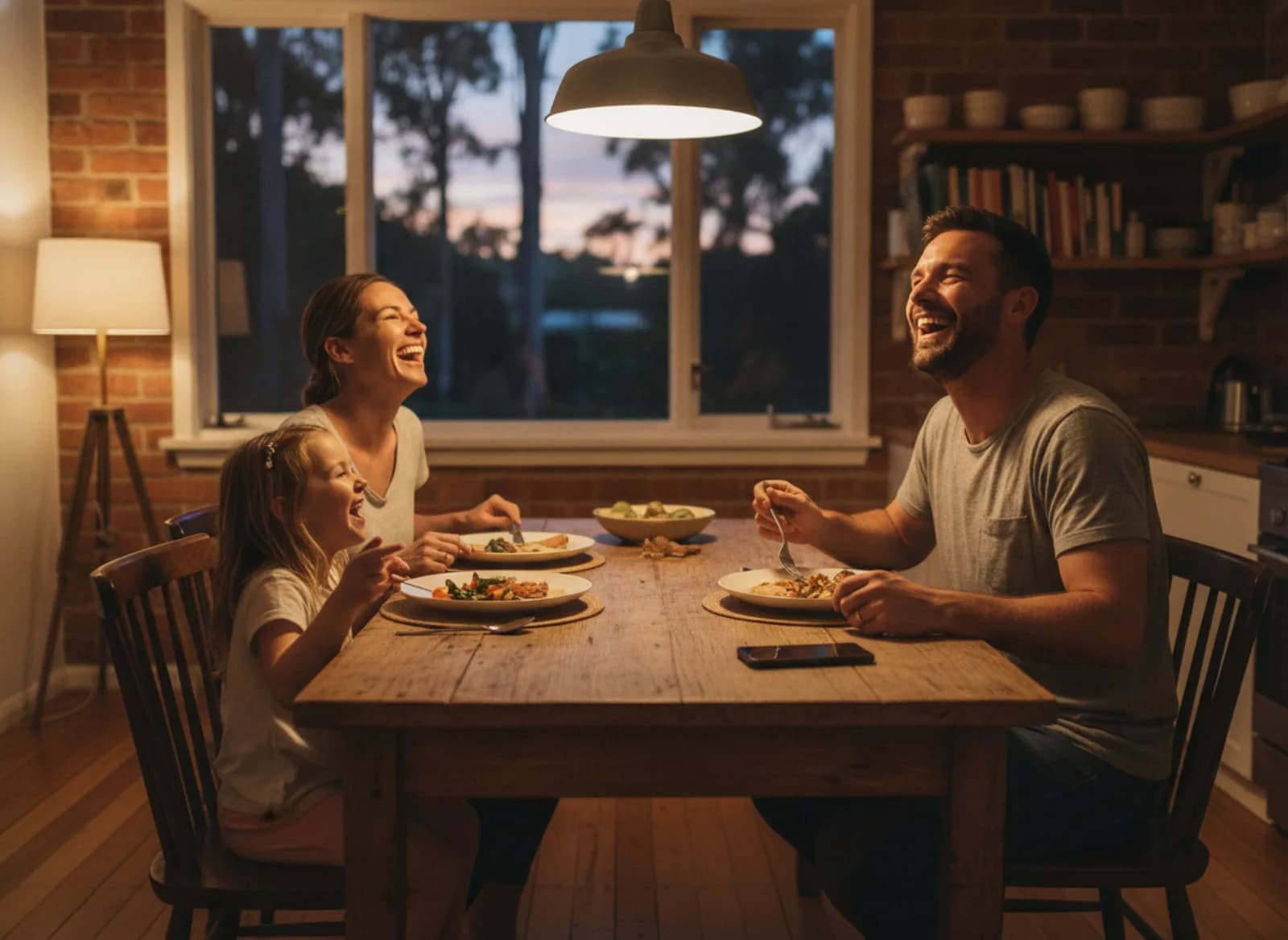 A technician at dinner with his family, phone face down on the table